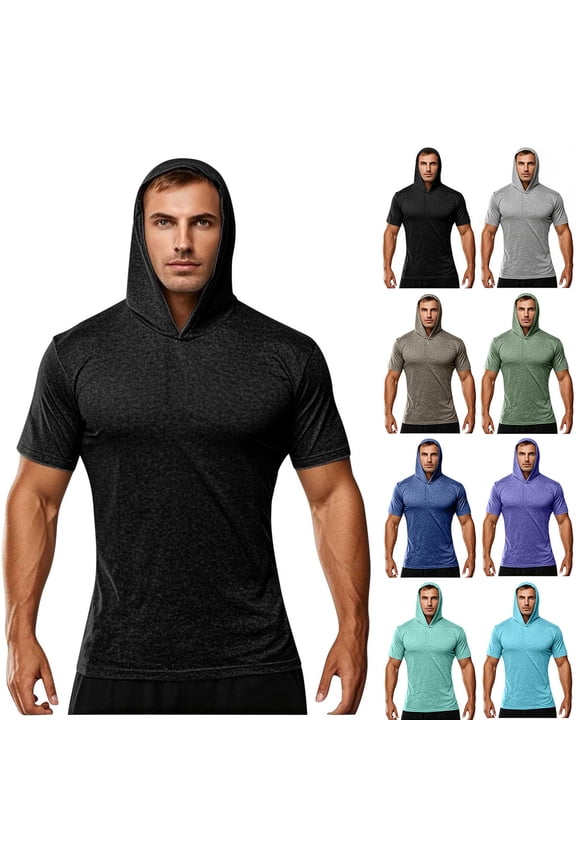 Mens Athletic Shirts Hooded Short Sleeve Loose TunicHooded Shirt Blouse Fast Dry Clothes And Fitness Height Stretch Sunscreen Top Black,M