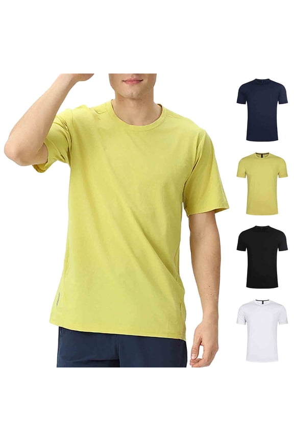 Mens Athletic Shirts Man Solid-Color Outdoor Breathable Elastic Running Training Fitness T-Shirt Short Sleeve Round Neck Top Yellow,XL