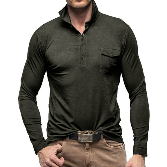 Mens Cotton Muscle Slim Fitted Sport T-Shirt with Button Men's Muscle Polo Shirts Basic Crewneck Long Sleeve Longline T-Shirt Stretch Gym Workout Athletic Shirt Tees with Pockets Collared Shirt