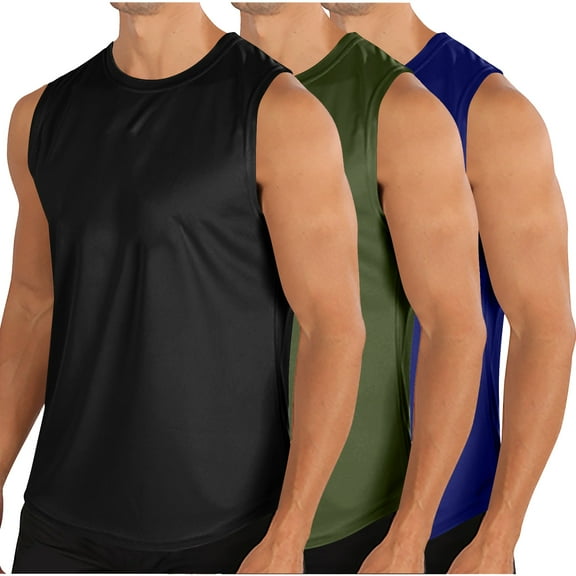 Mens Athletic Tank Tops Summer Sleeveless Workout Shirts Breathable Lightweight Gym Running Sports T-Shirts Activewear, Black&Blue&Army Green, M