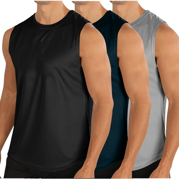 Mens Athletic Tank Tops Summer Sleeveless Workout Shirts Breathable Lightweight Gym Running Sports T-Shirts Activewear, Black&Navy&Gray, XXL