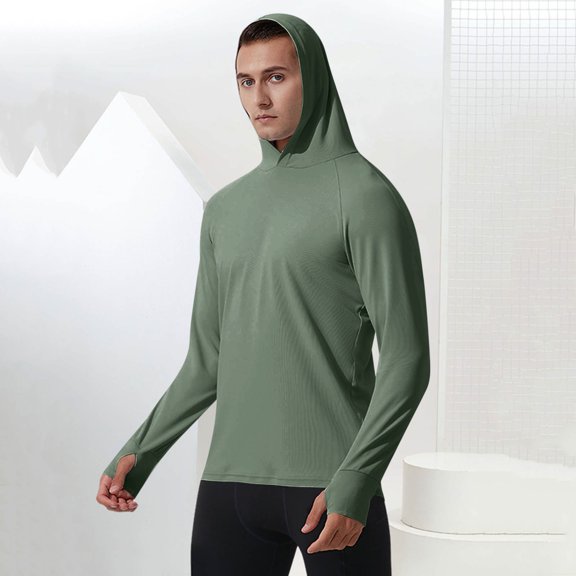 Mens Athletic Workout Hoodies Pullover Long Sleeve Sun Protection Shirts Stretchy Slim-Fit Solid Color Breathable Basic Gym Running T-Shirts Tops