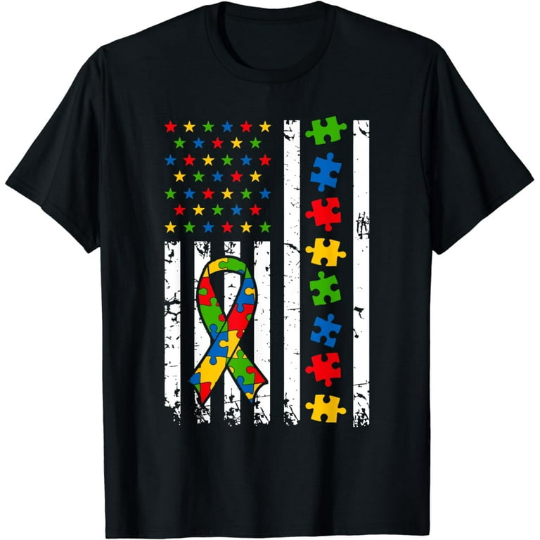 Autism Awareness American Puzzle Flag Distressed T-Shirt Autism Awareness American Puzzle Flag Distressed T-Shirt