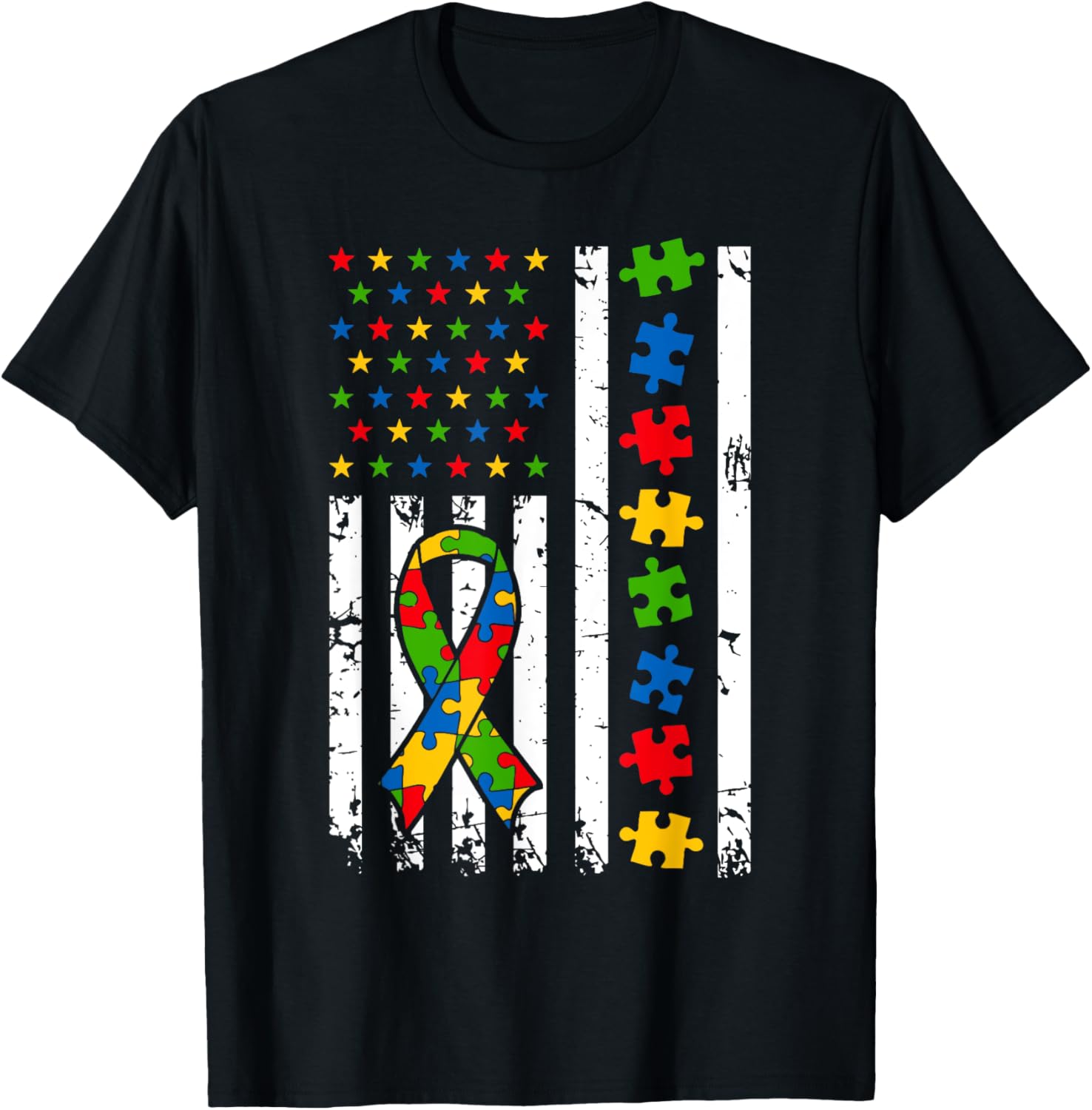 Mens Autism Awareness American Flag Puzzle Piece Dad Father TShirt