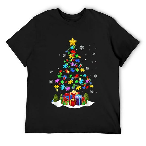 Mens Autism Puzzle Christmas Tree Lights Funny Gift T-Shirt Black