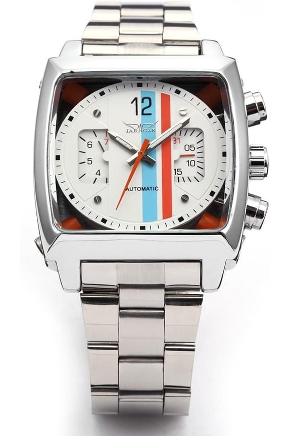 Mens Automatic Analog Oblong Date Silver Stainless Steel Wrist Watch Business Luminous Watch