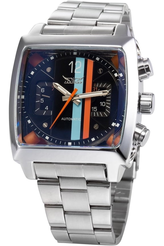 Mens Automatic Analog Oblong Date Silver Stainless Steel Wrist Watch Business Luminous Watch