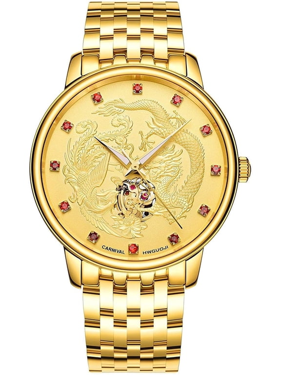 Mens Automatic-Self-Wind Luxury Dragon and Phoenix Series Skeleton Stainless Steel Gold-Tone Wrist-Watch