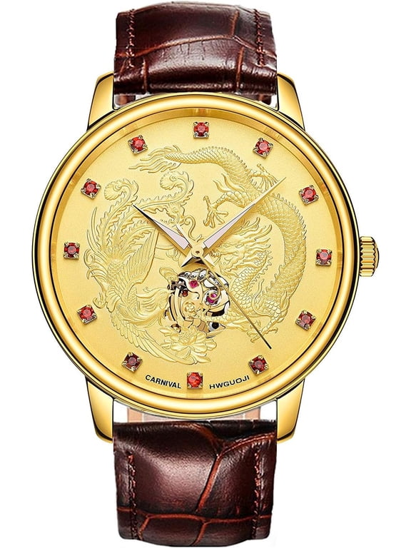 Mens Automatic-Self-Wind Luxury Dragon and Phoenix Series Skeleton Stainless Steel Gold-Tone Wrist-Watch