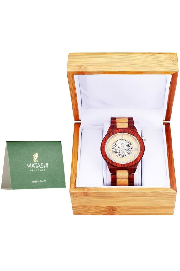 Mens Automatic Wooden Watch, Red Salwood and Maple, Japanese Movement, Business Casual, 1ATM Water Resistant
