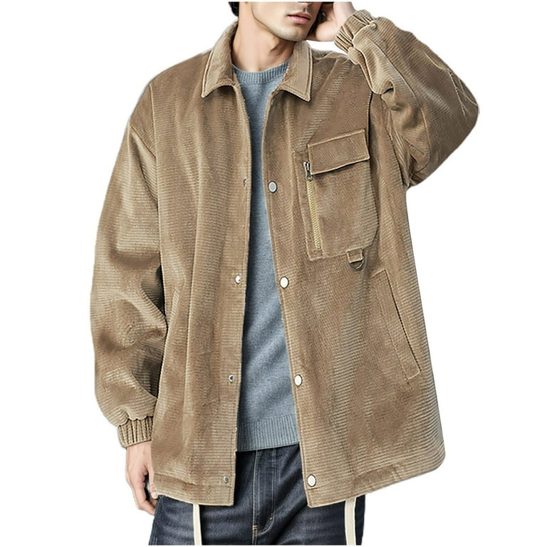 Mens Autumn And Winter Corduroy Jacket Trendy Casual Jacket Loose Solid Color Pocket Corduroy Suede Solid Color Jacket Tops