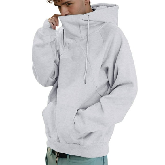 Mens Autumn And Winter Hoodies Long Sleeve Turtleneck Solid Color Pocket Loose Fit Fashion Sweatshirt For Casual Daily Wear,Grey,L
