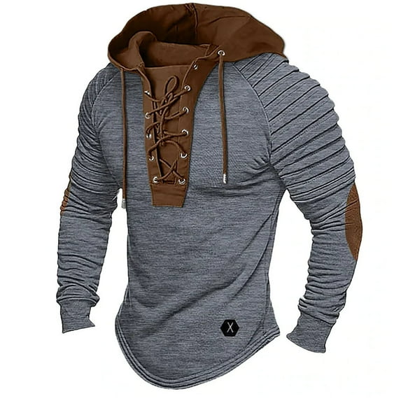 Mens Autumn And Winter Hoodies Patchwork Color Long Sleeve Drawstring Fashion Shirts Tops For Casual Daily Wear,Grey,Xxxl