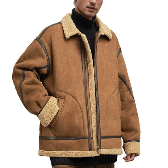 Mens Autumn And Winter Lapel Double Pocket Jacket Colorblocking Suede Long Sleeve Hoodless Cardigan Zipper Jacket