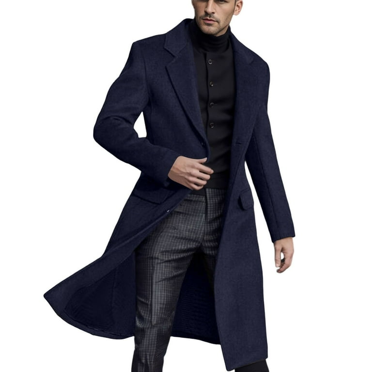 Mens Autumn And Winter Long Work Coat Windbreaker Wool Coat Coat Solid Men Coat Jacket Color Slim Body Trading Jackets for Men Mens Big And Tall Coats 3xlt Men for Coat