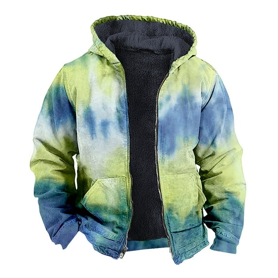 Mens Autumn And Winter Tie Dye Printed Jacket Casual Special Long Sleeved Zipper Double Pocket Hooded Jacket