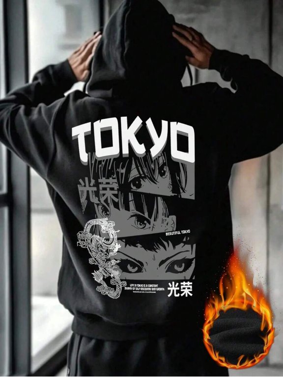 Mens Autumn/Winter Basic Tokyo Anime Theme Print Black Hoodie | Streetwear
