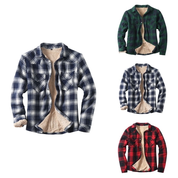 Mens Autumn Winter Casual Plaid Lambswool Buckle Coat, Sherpa Lined, Flannel , Thick Jacket