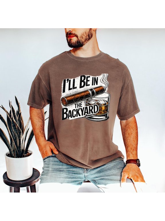 Mens Backyard BBQ Graphic Tee Funny Whiskey and Cigar Shirt Retro Fathers Day T-Shirt