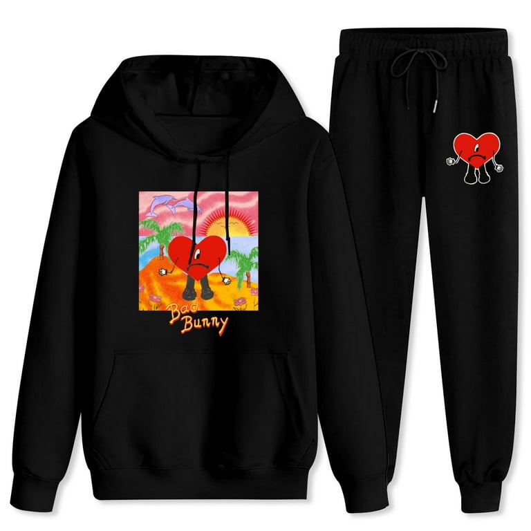 Mens Bad Bunny Casual Sweatsuit Pullover Hoodie Sweatpants Long