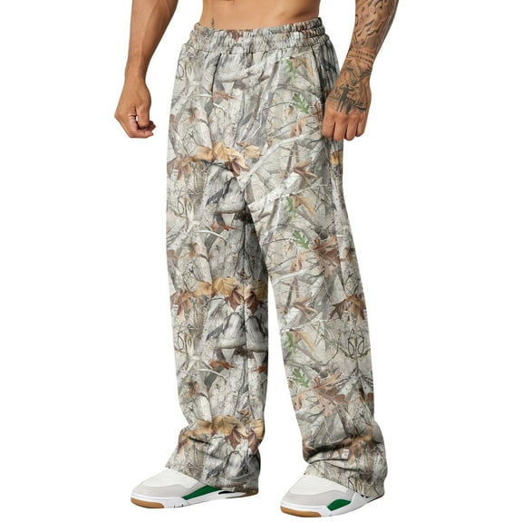 Mens Baggy Camo Sweatpants Graphic Camouflage Sweatpants Straight Wide Leg Elastic Waistband Trousers with Pockets Casual Fashion Y2k Loose Fit Joggers Open Bottom Clothing,Gray XXL
