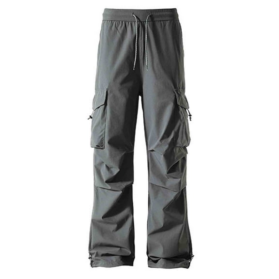 Mens Baggy Cargo Long Pants Casual Loose Fit Elastic Waist Drawstring Straight-leg Cargo Pants With Multi-Pockets