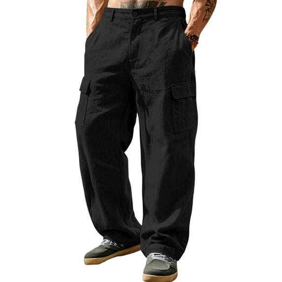 Mens Baggy Cargo Pants Cotton Linen Button Closure Loosepants Casual Outdoors Work Black 2XL