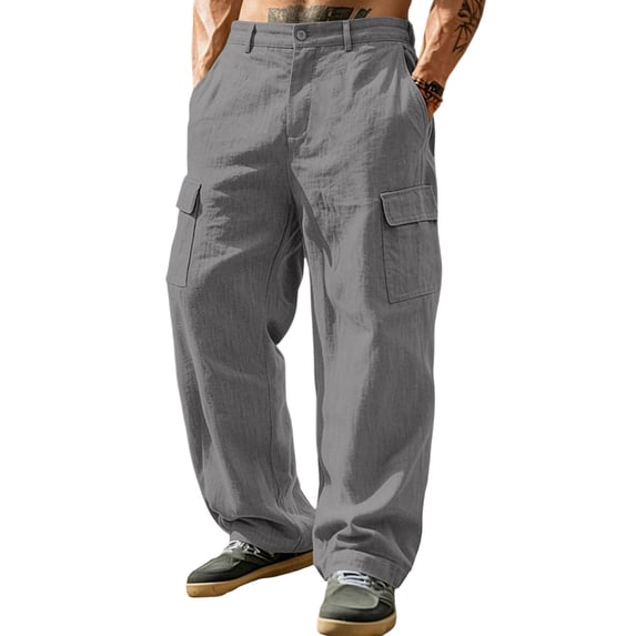Mens Baggy Cargo Pants Cotton Linen Button Closure Loosepants Casual Outdoors Work Dark Gray XL