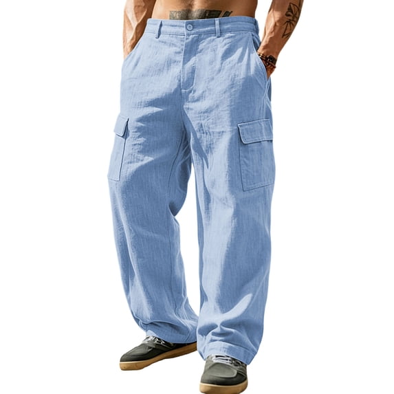 Mens Baggy Cargo Pants Cotton Linen Button Closure Loosepants Casual Outdoors Work Sky Blue 3XL