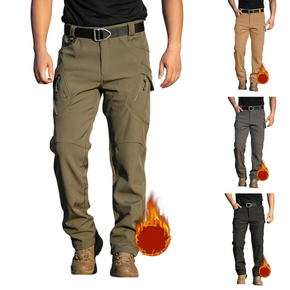 Mens Baggy Cargo Pants Fleece Lined Tactical Pants Loose Fit Double Knee Work Pant with Pockets Waterproof Ski Pant Black XL