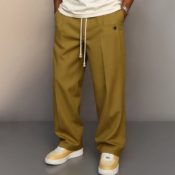 Mens Baggy Casual Dress Pants Relaxed Fit Wide Leg Slacks Drawstring Elastic Waist Straight Trousers Ginger L