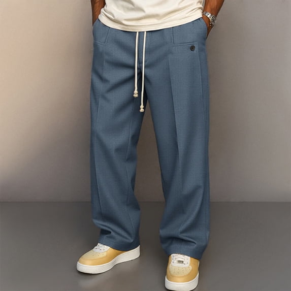 Mens Baggy Casual Dress Pants Relaxed Fit Wide Leg Slacks Drawstring Elastic Waist Straight Trousers Royal Blue L