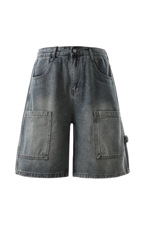 Mens Baggy Denim Look Shorts Loose Fit Hip Hop Y2K Streetwear Jorts, Wide Leg Vintage Washed Carpenter Summer Casual Cargo Shorts with Belt Loops