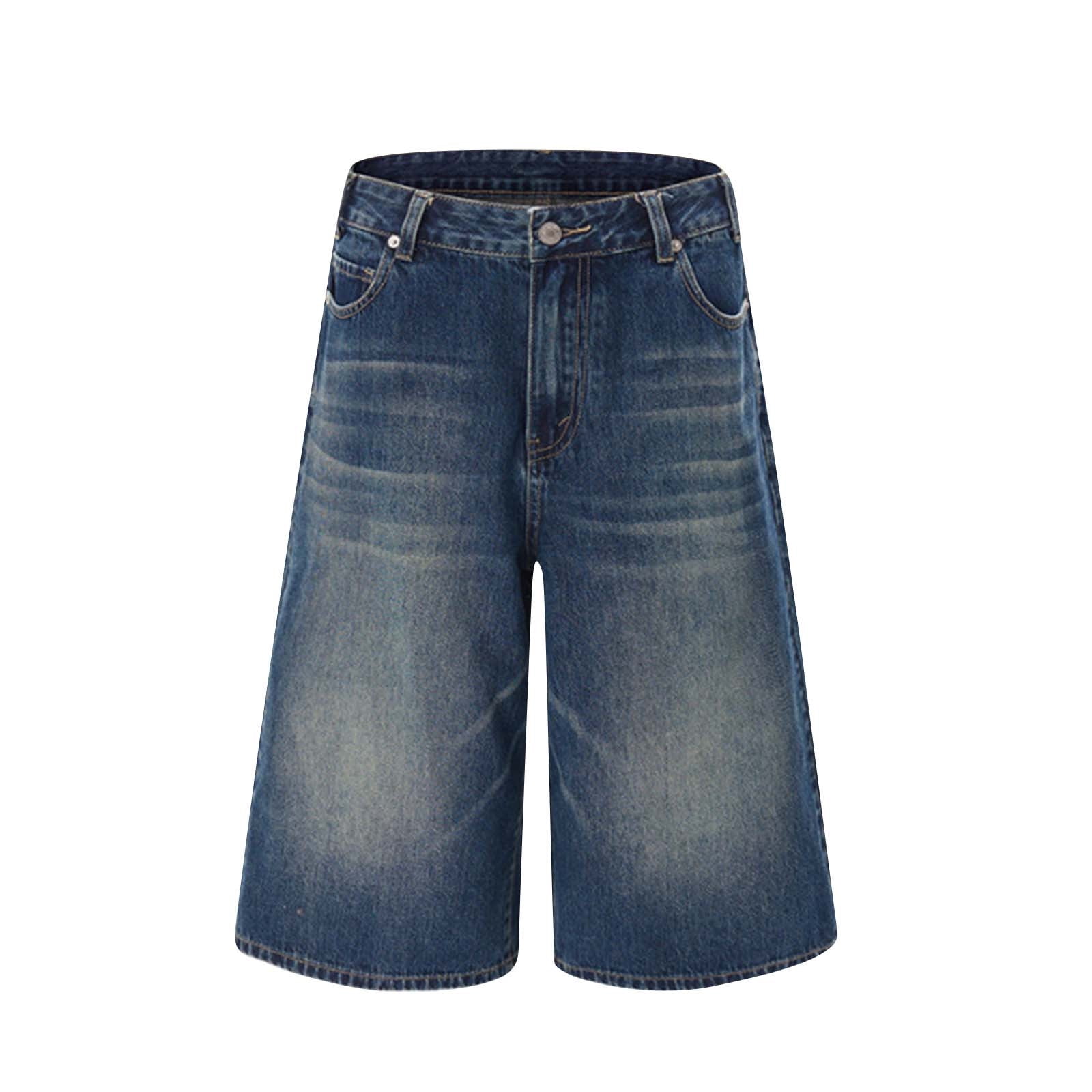 Mens Baggy Jean Shorts Loose Fit Long Denim Shorts Vintage Washed Below Knee Jorts Streetwear Hip Hop