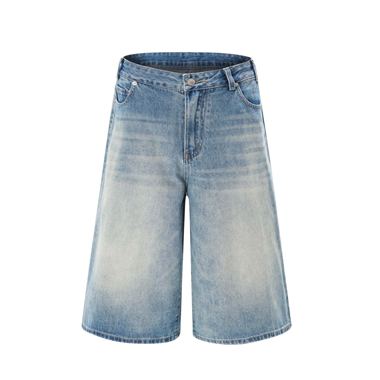 Mens Baggy Jean Shorts Loose Fit Long Denim Shorts Vintage Washed Below Knee Jorts Streetwear Hip Hop