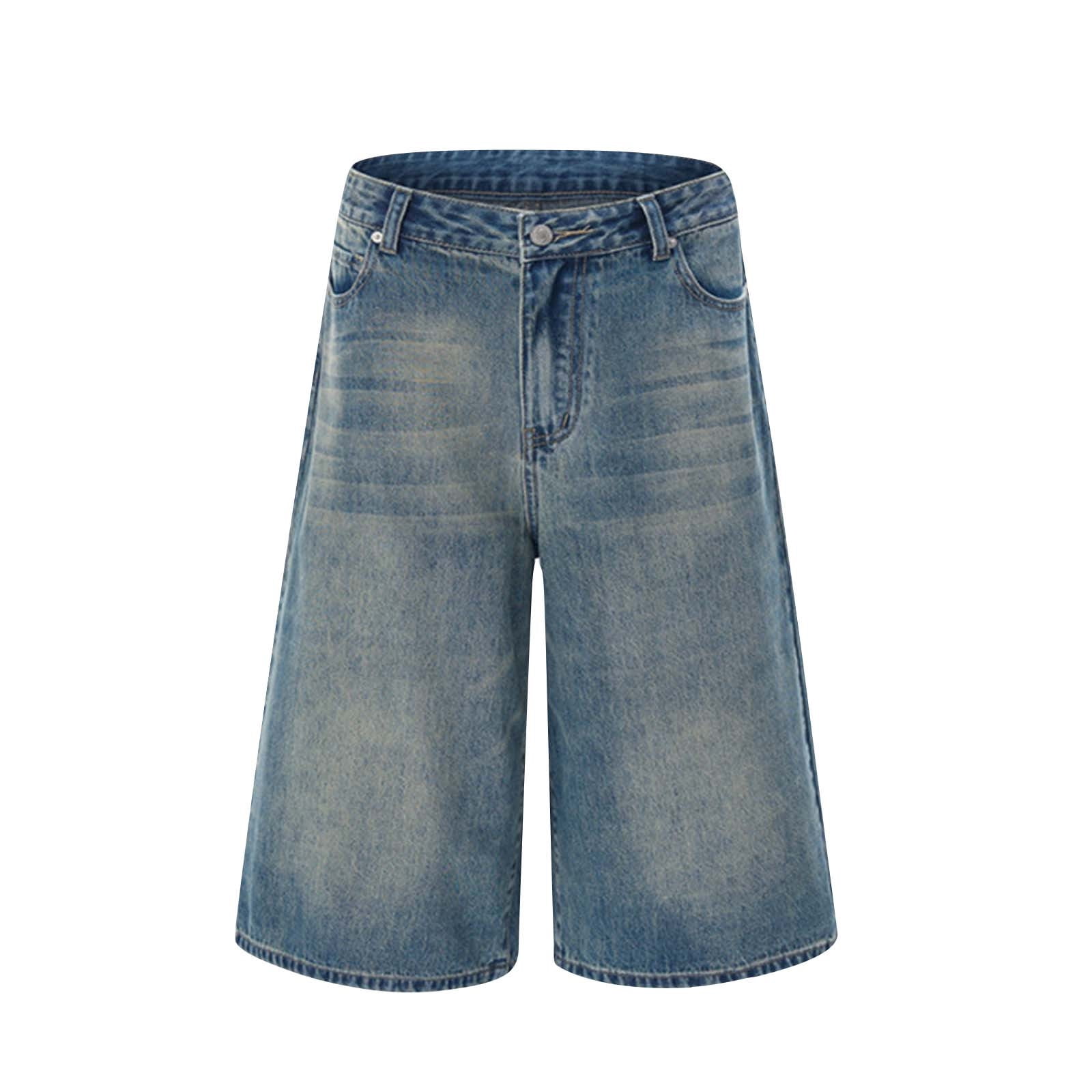 Mens Baggy Jean Shorts Loose Fit Long Denim Shorts Vintage Washed Below Knee Jorts Streetwear Hip Hop