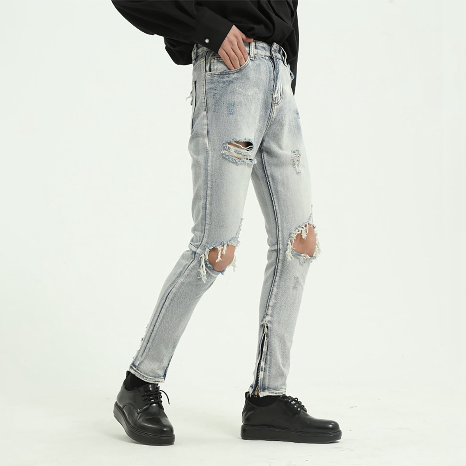 Mens Baggy Jeans Autumn Winter Blue Slim Fit Stretch Ripped Skinny 