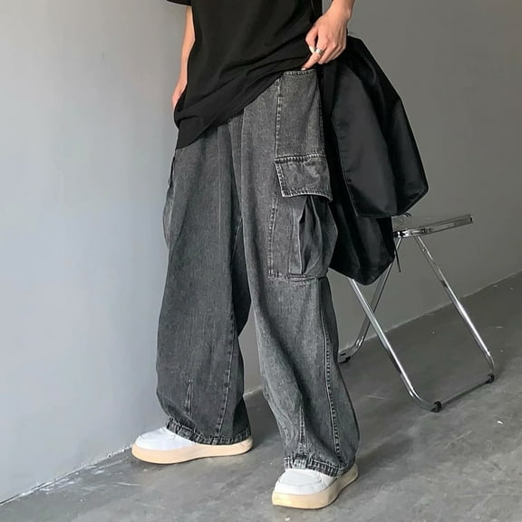 Mens Baggy Jeans Autumn Winter Retro Sag Loose Wide Leg Casual Large Pocket Cargo Denim Wash Daddy Pants Holiday Wear