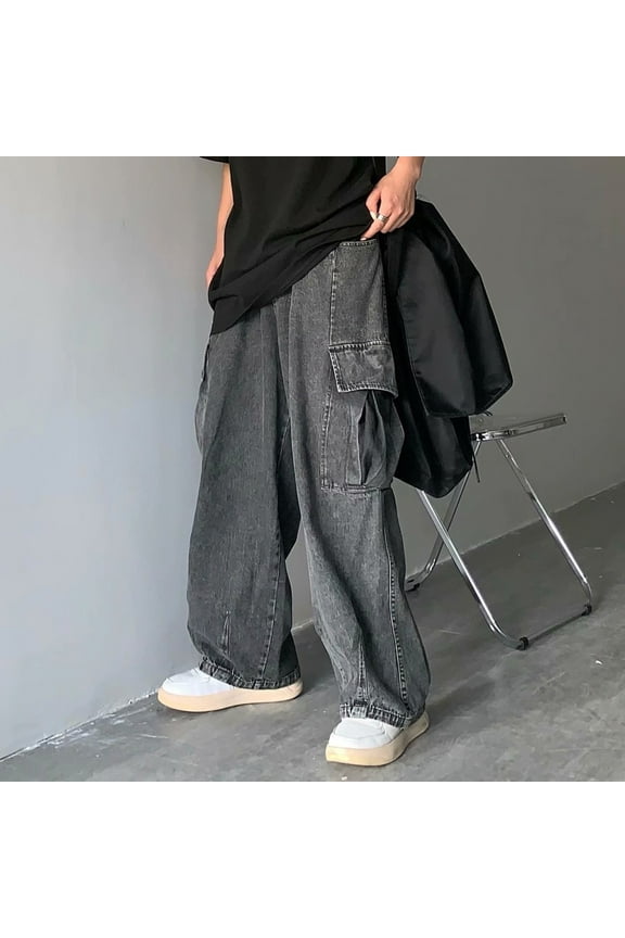Mens Baggy Jeans Autumn Winter Retro Sag Loose Wide Leg Casual Large Pocket Cargo Denim Wash Daddy Pants Streetwear