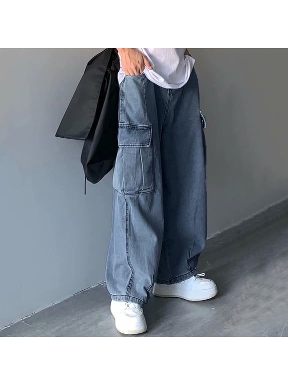 Mens Baggy Jeans Autumn Winter Retro Sag Loose Wide Leg Casual Large Pocket Cargo Denim Wash Daddy Pants Streetwear
