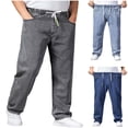 thumbnail image 1 of Mens Baggy Jeans Stretch Denim Wide Leg Trousers Loose Fit Casual Pants Elastic Waisted Denim Pants for Men with Drawstring Streetwear Blue L, 1 of 5