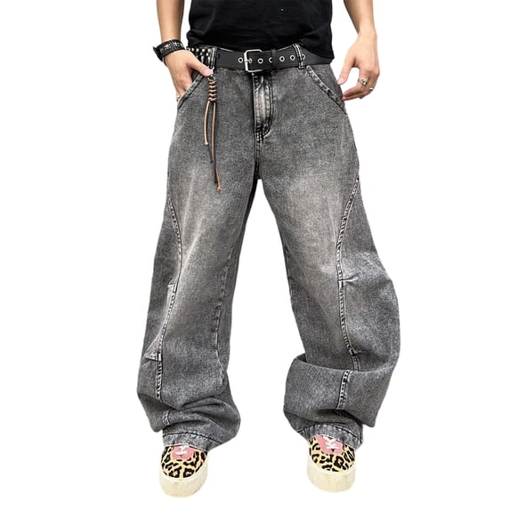 Mens Baggy Jeans Wide Leg Casual Jeans Vintage Hip Hop Denim Pants