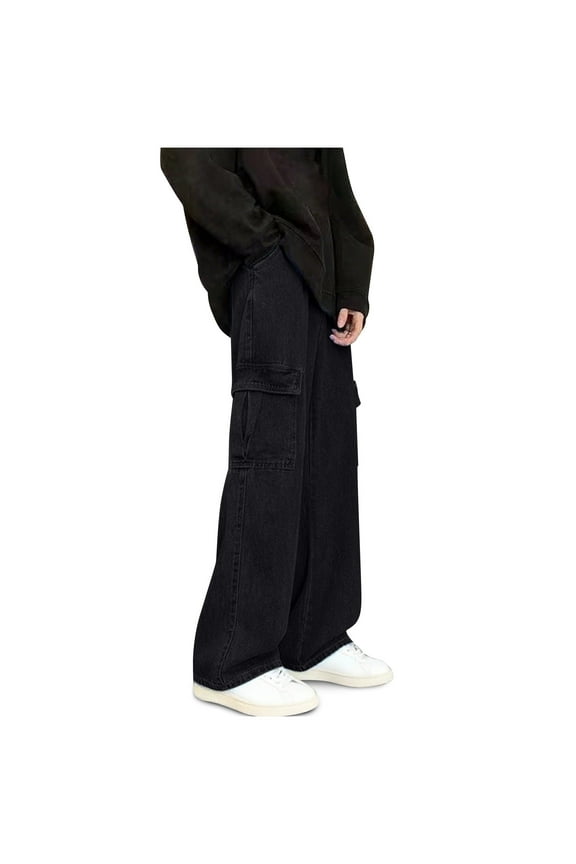 Mens Baggy Jeans Y2K Hip Hop Cargo Pants Harajuku Wide Leg Denim Joggers Solid Color Casual Cowboy Pants