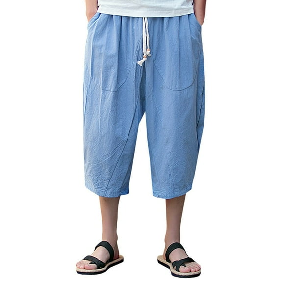 Mens Baggy Linen Capri Pants Casual Harem Summer Relaxed Elastic Waist Below Knee Long Shorts with 4 Pockets