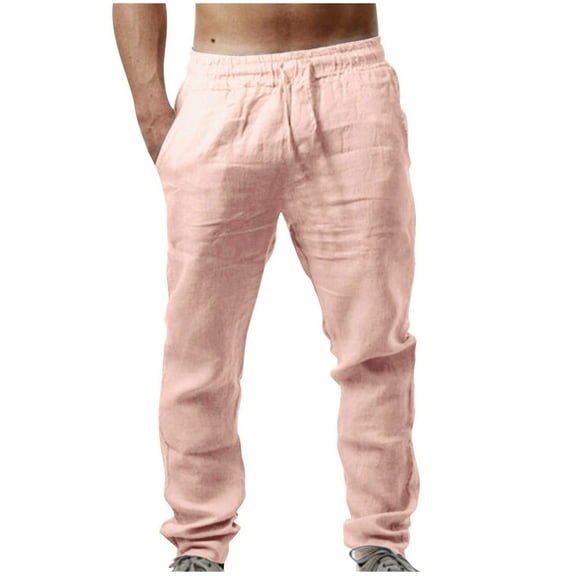 Sweatpants for Men Elastic Waist Cotton Summer Pants Color Solid Quick Dry Breathable Long Bottoms Soft Loung Pants Relaxed Fit Summer Beach with Pockets,Light Pink,L
