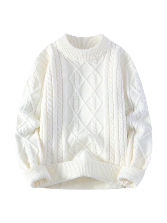 Mens Baggy Sweaters Cable Knit Crewneck Sweaters Long Sleeve Casual Plain Pullover Tops Fall Winter Clothes (2XL, White)
