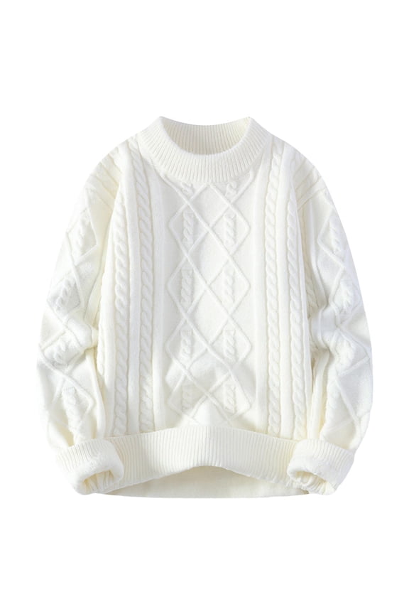 Mens Baggy Sweaters Cable Knit Crewneck Sweaters Long Sleeve Casual Plain Pullover Tops Fall Winter Clothes (3XL, White)