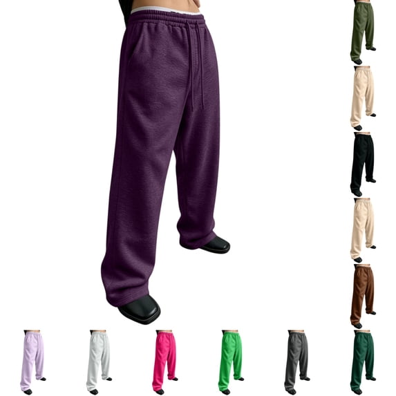 Mens Baggy Sweatpants Casual Straight Wide Leg Sweat Jogging Sweat Pants Drawstring Elastic Waist Athletic Workout Gym pants with Pockets Dark Purple M