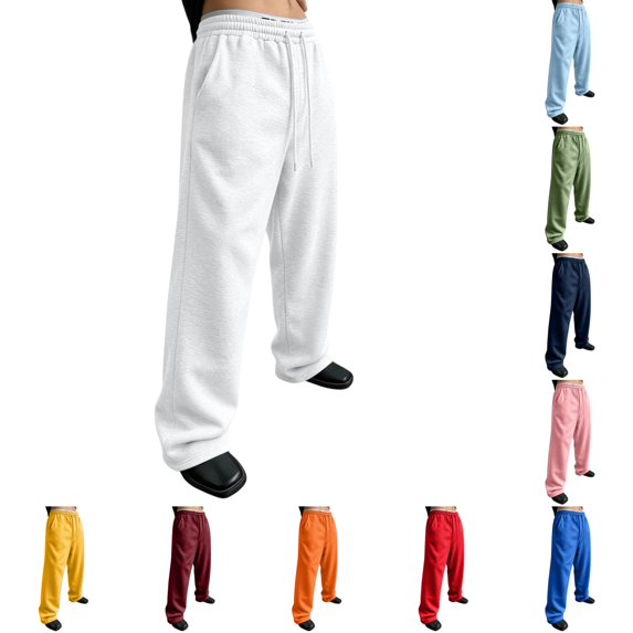 Mens Baggy Sweatpants Casual Straight Wide Leg Sweat Jogging Sweat Pants Drawstring Elastic Waist Athletic Workout Gym pants with Pockets White 3XL
