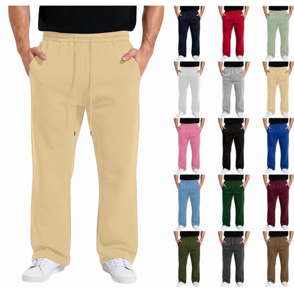 Mens Baggy Sweatpants Casual Wide Leg Big and Tall Sweat Pants with Pockets Lounge Fleece Track Pants Open Bottom Trousers Khaki S